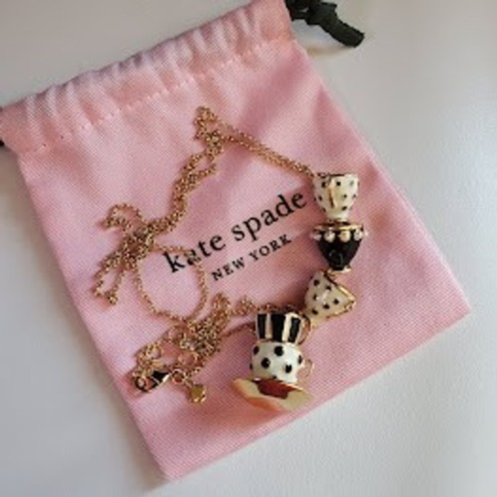 Kate Spade New York Stacked Teacups Pendant Necklace Gold Tone Enamel Pearl Gift